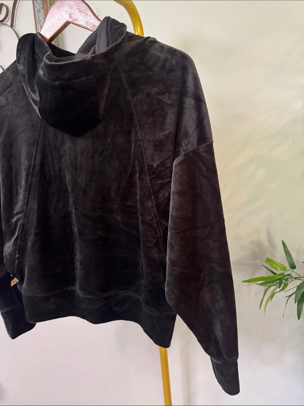 DKNY Black Velvet Hoodie with Gold and silver sequins Logo Sleeve EUC